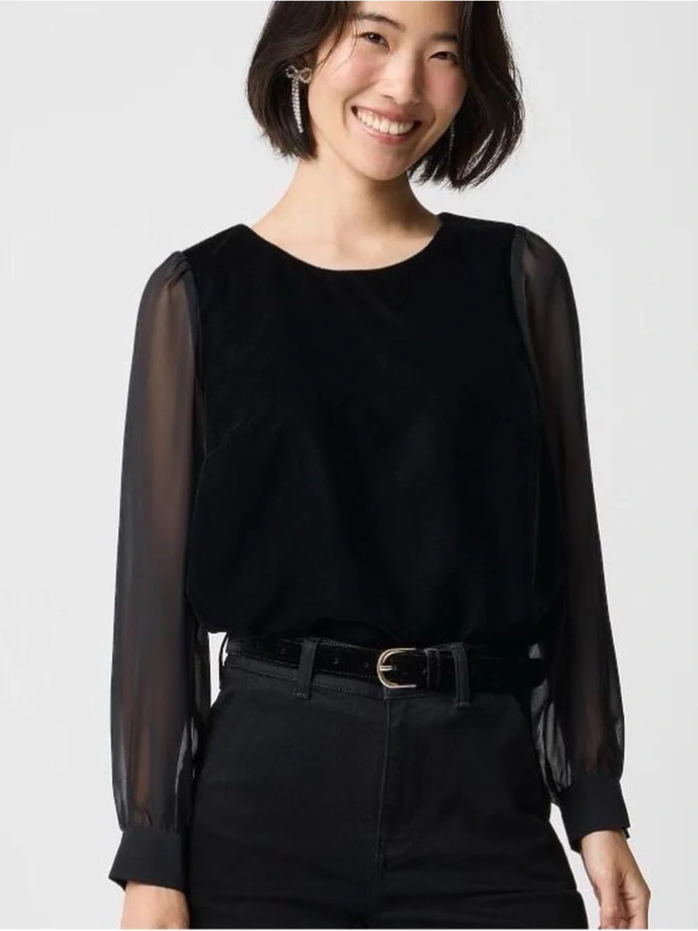 J. Crew Black Velvet Bodice Blouse Top with Sheer Chiffon Puff Sleeves M NWT
